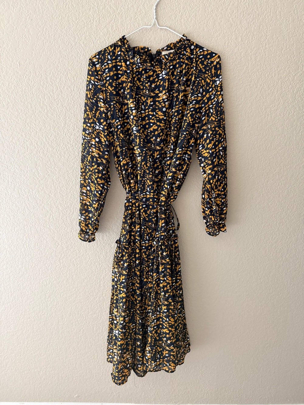 Women’s Floral Ruffle Neck Midi Dress | Long Sleeve Tie Waist | Size S